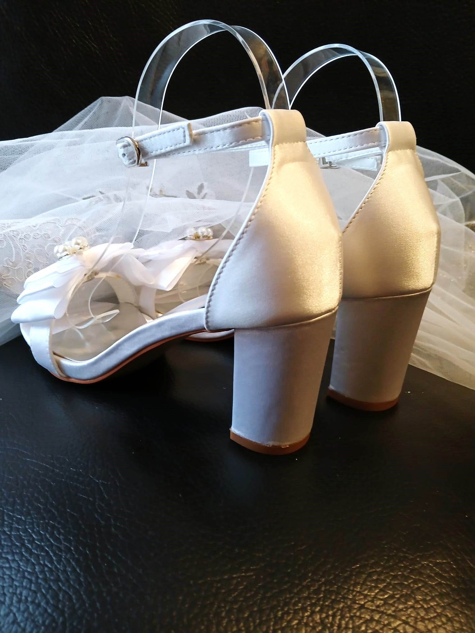 Satin Bridal Sandals with Bow Clips: Block Heel Wedding Shoes
