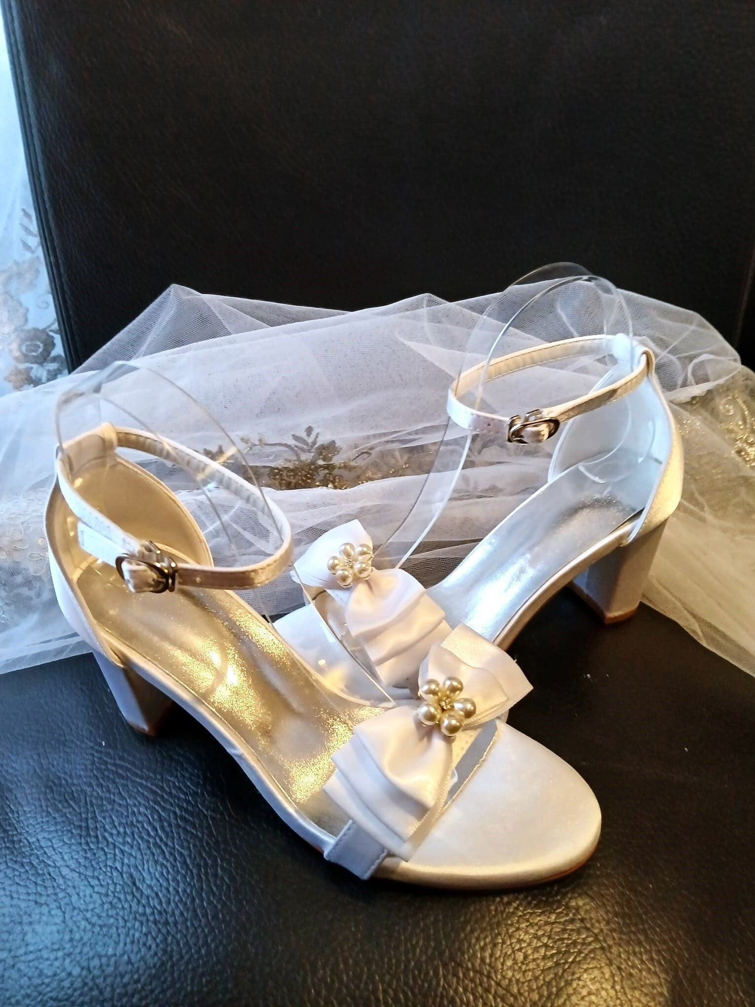 Satin Bridal Sandals with Bow Clips: Block Heel Wedding Shoes