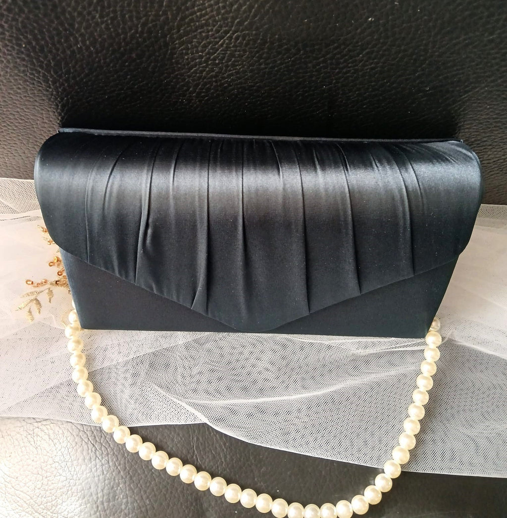 Personalized Navy Blue Satin Clutch: Pearl Handle Evening Bag