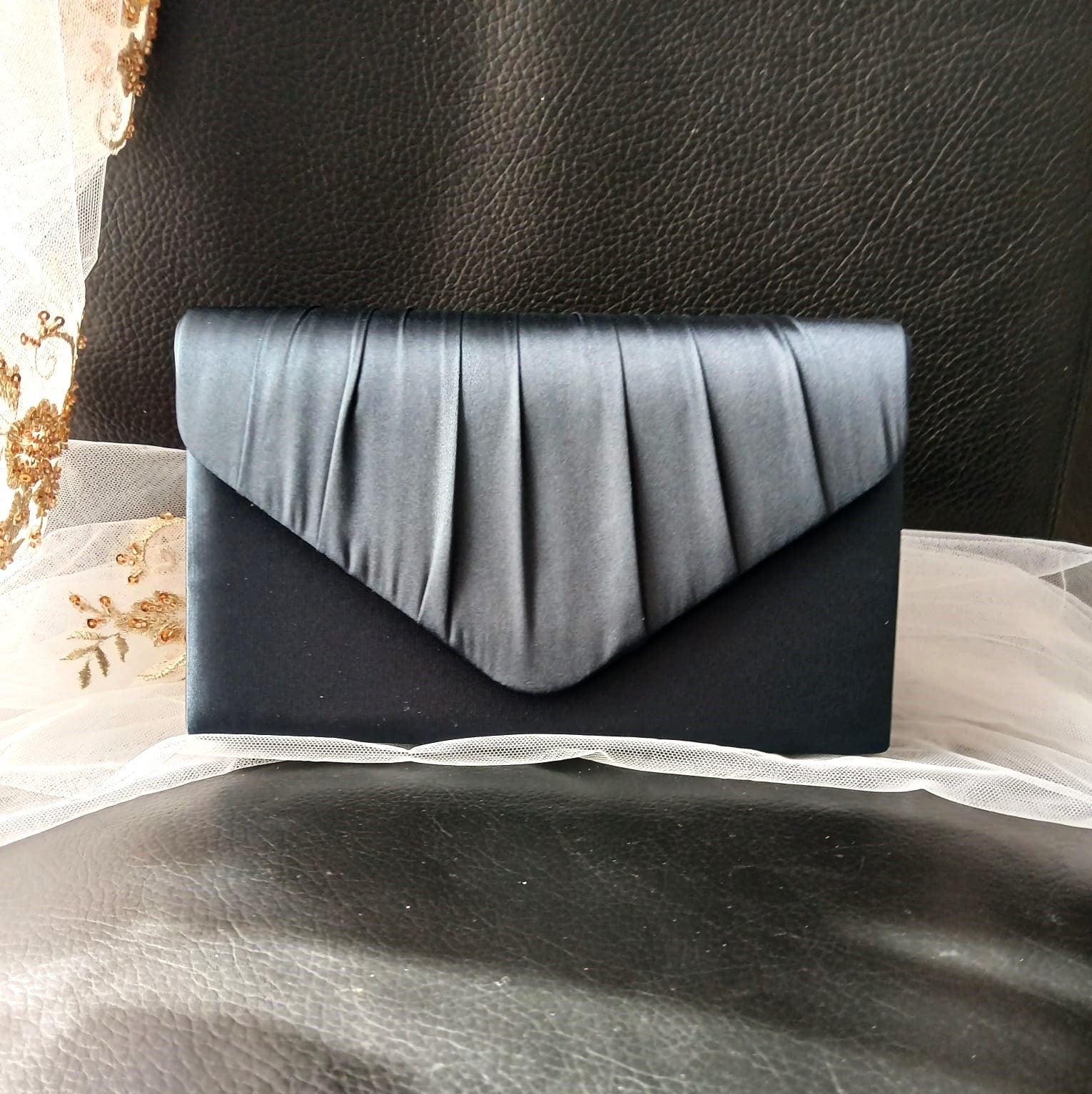 Personalized Navy Blue Satin Clutch: Pearl Handle Evening Bag
