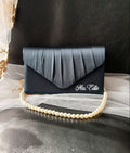 Personalized Navy Blue Satin Clutch: Pearl Handle Evening Bag