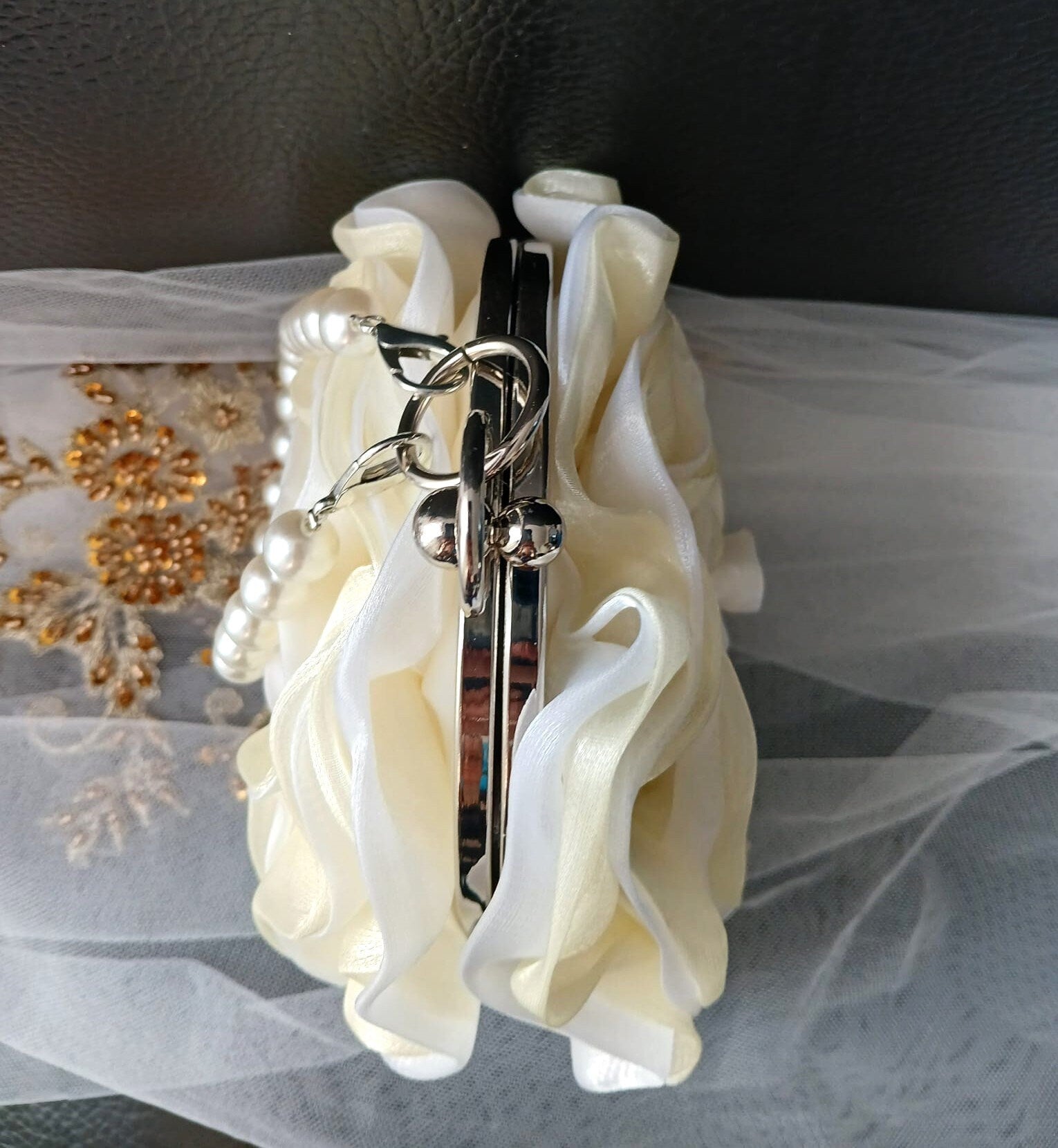 Ivory Organza Flower Clutch Bag: Pearl Handle Wedding Handbag