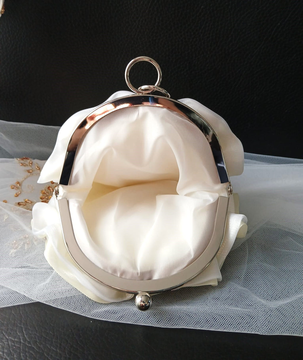 Ivory Organza Flower Clutch Bag: Pearl Handle Wedding Handbag