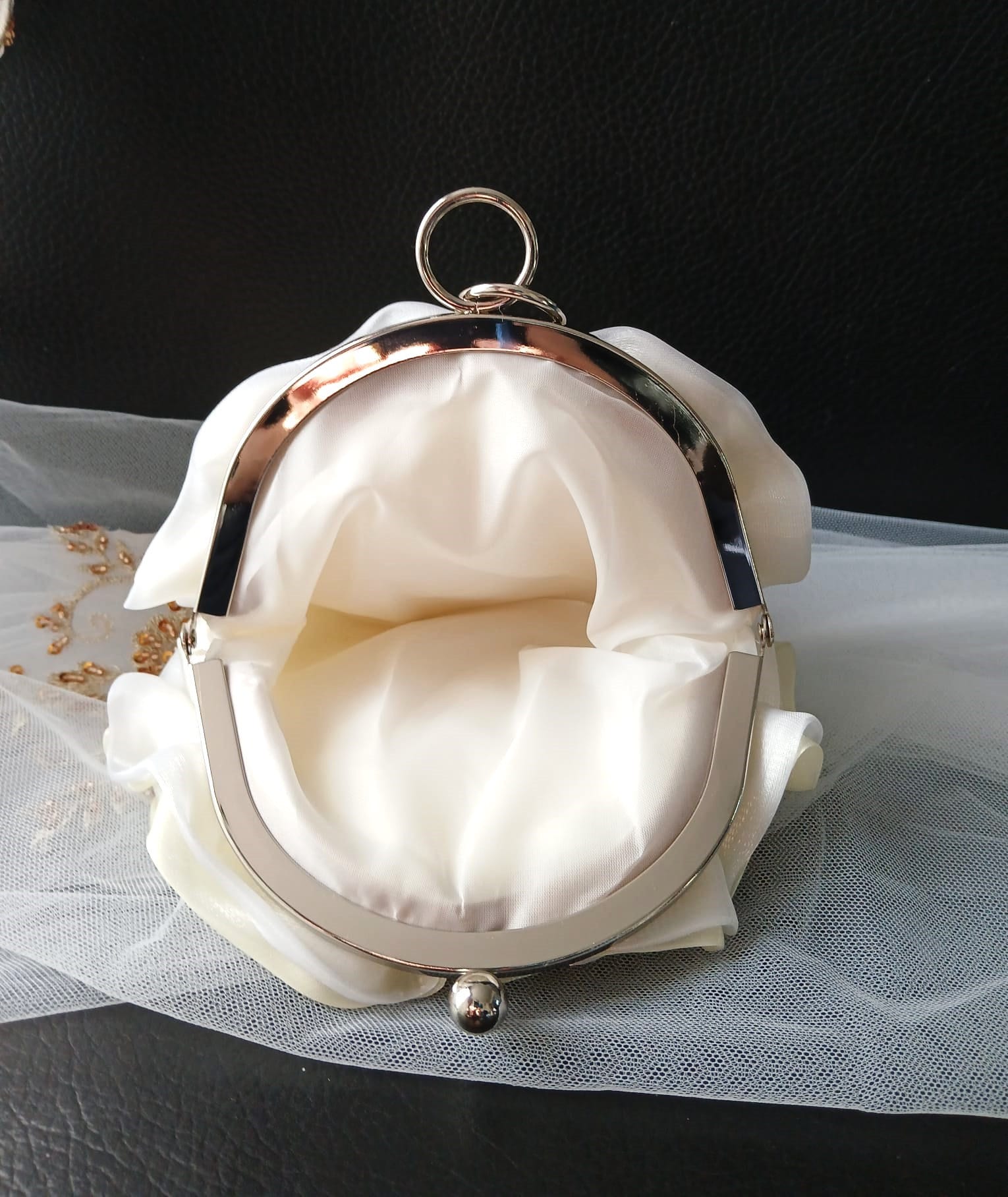 Ivory Organza Flower Clutch Bag: Pearl Handle Wedding Handbag