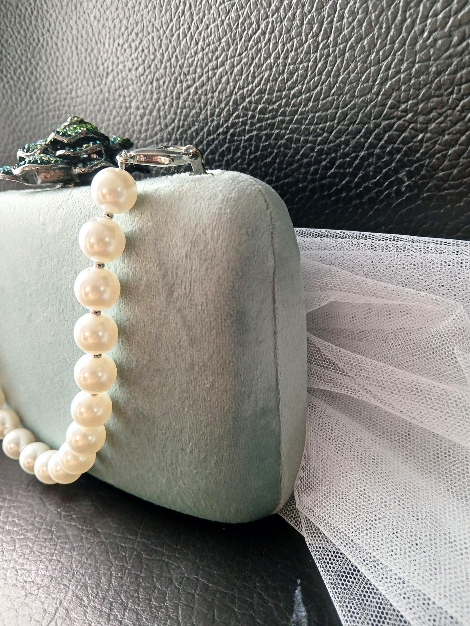 Sage Green Velvet Clutch Bag: Pearl Handle, Flower Closure, Wedding Handbag