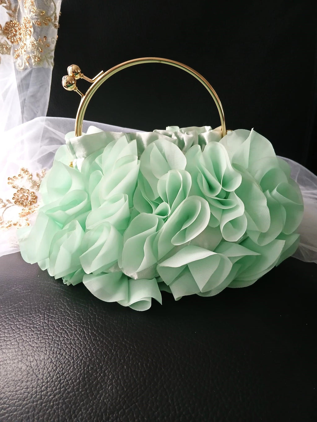 Sage Green Chiffon Flower Clutch Bag: Wedding Evening Bag with Gold Hardware