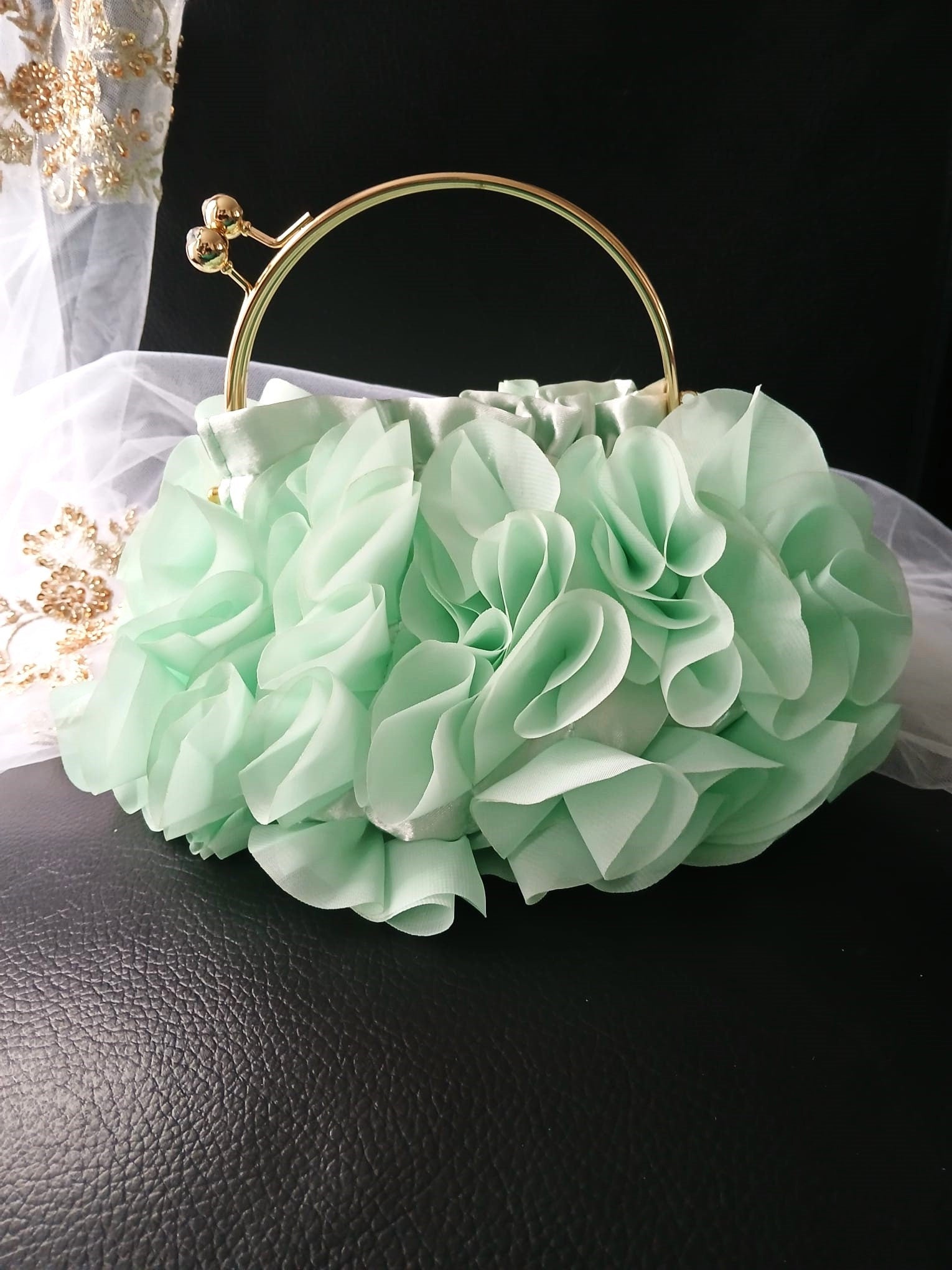 Sage Green Chiffon Flower Clutch Bag: Wedding Evening Bag with Gold Hardware