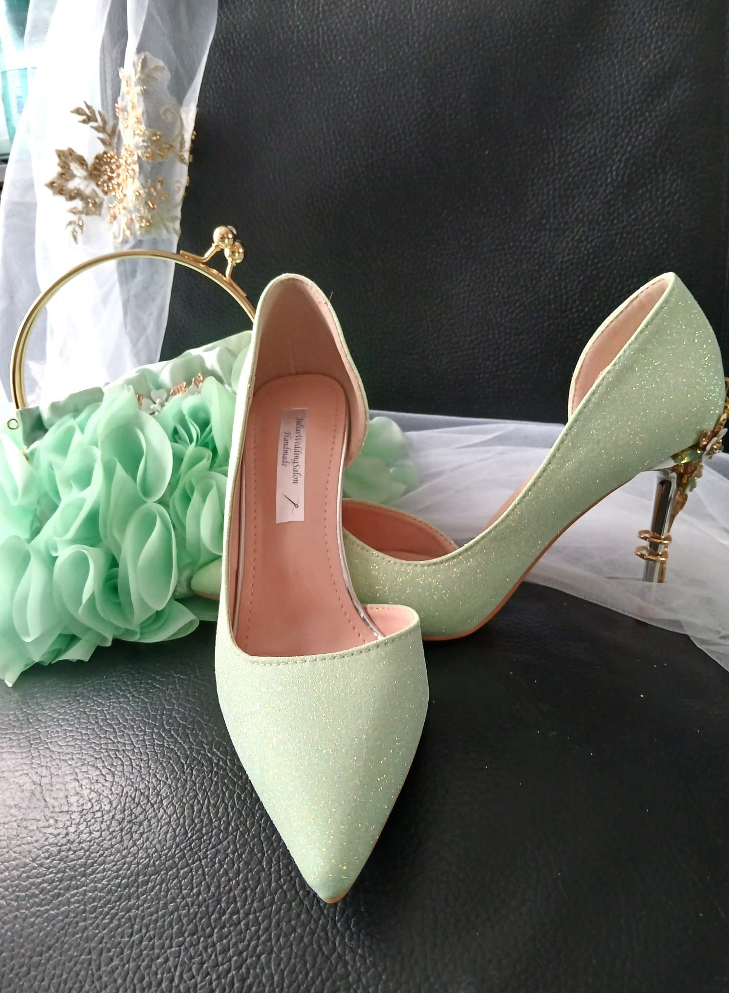 Sage Green Glitter Bridal Shoes & Chiffon Flower Clutch Set