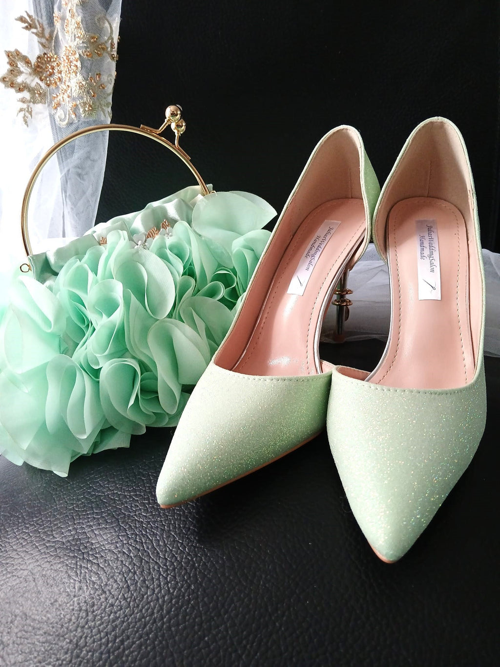 Sage Green Glitter Bridal Shoes & Chiffon Flower Clutch Set