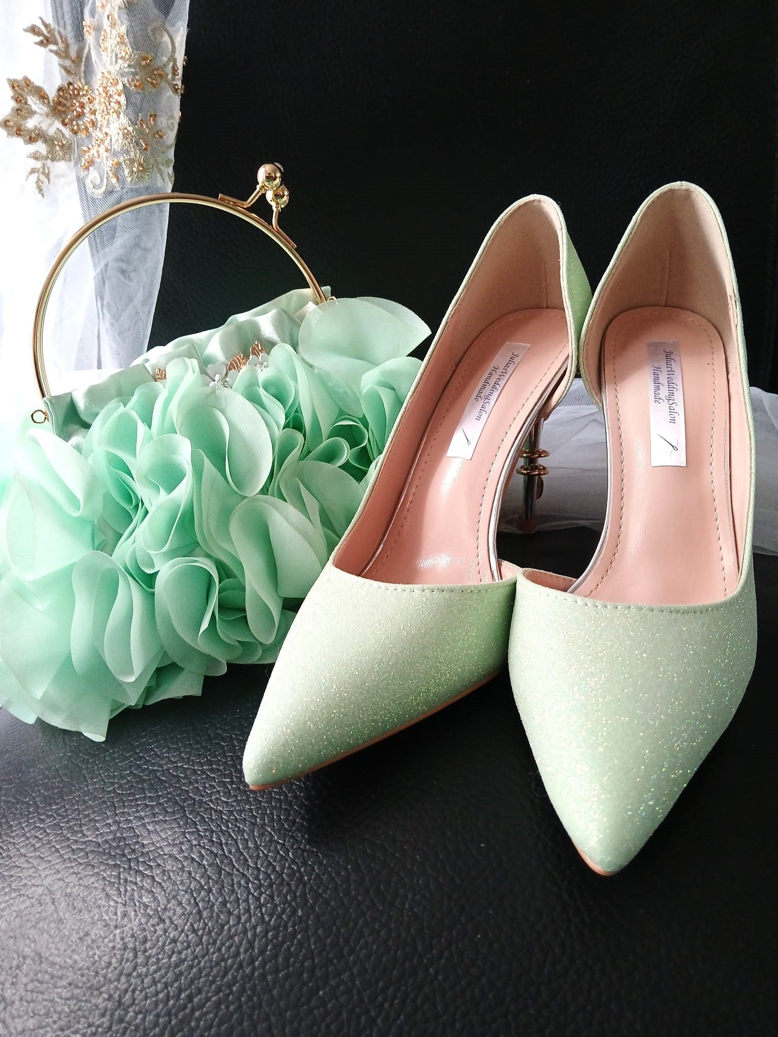 Sage Green Glitter Bridal Shoes & Chiffon Flower Clutch Set