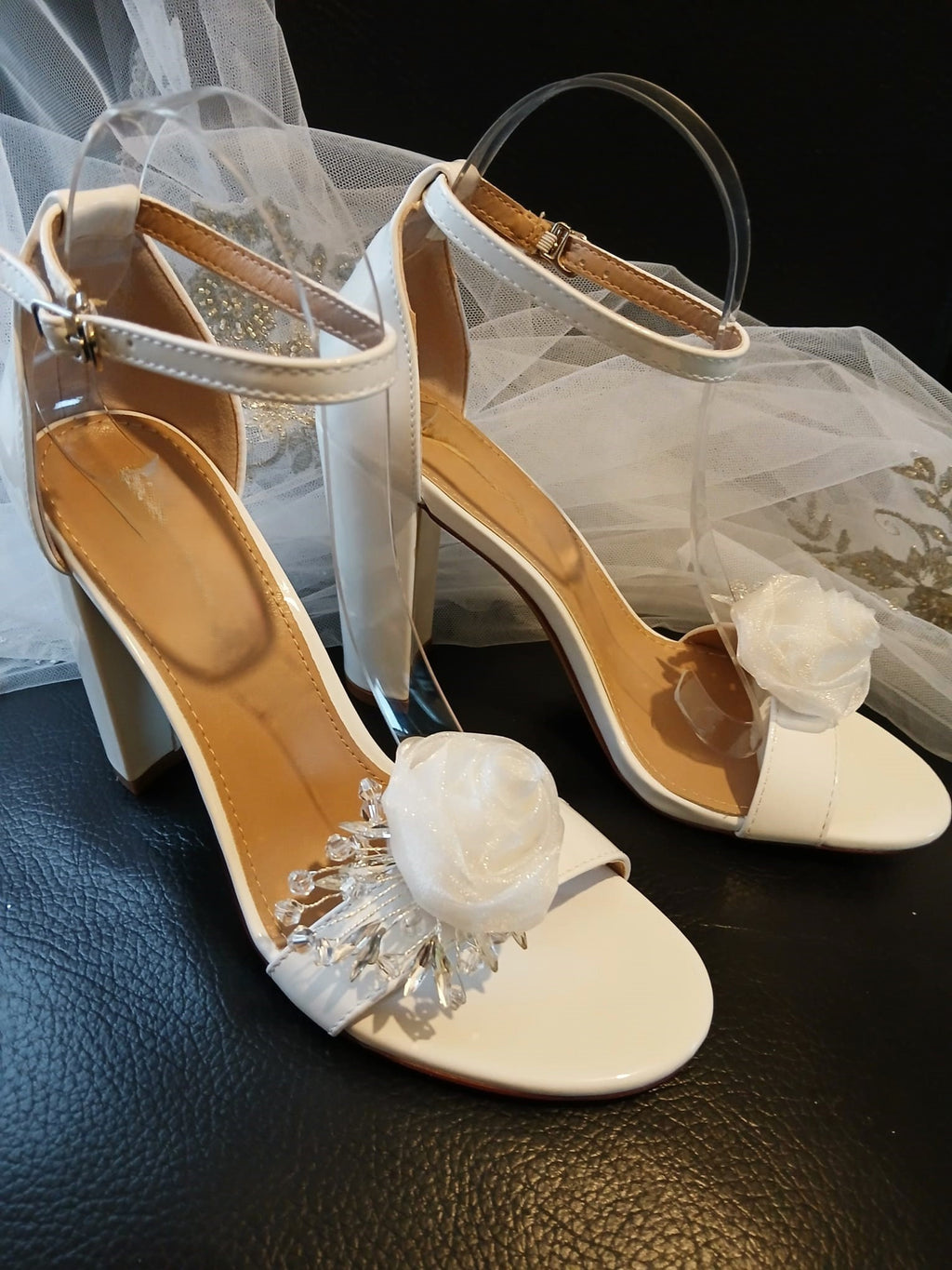 Off-White Bridal Sandals: Organza Flower Block Heel Shoes