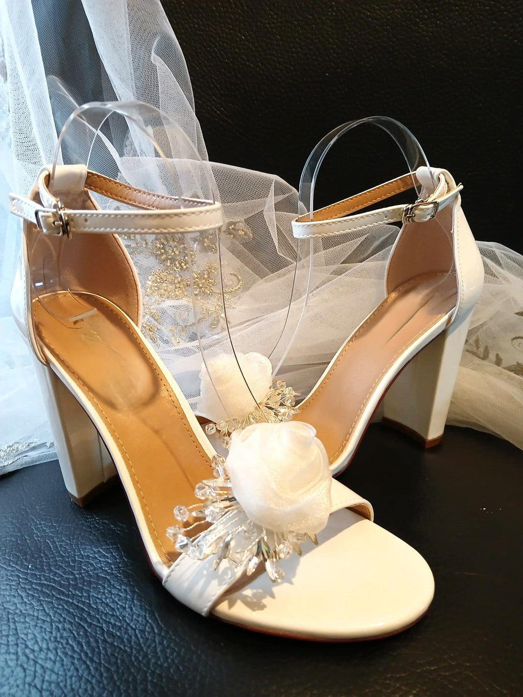 Off-White Bridal Sandals: Organza Flower Block Heel Shoes
