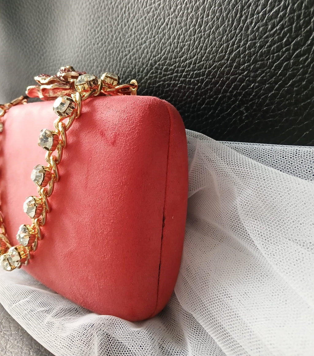 Coral Red Velvet Evening Clutch Bag: Crystal Handle, Flower Closure
