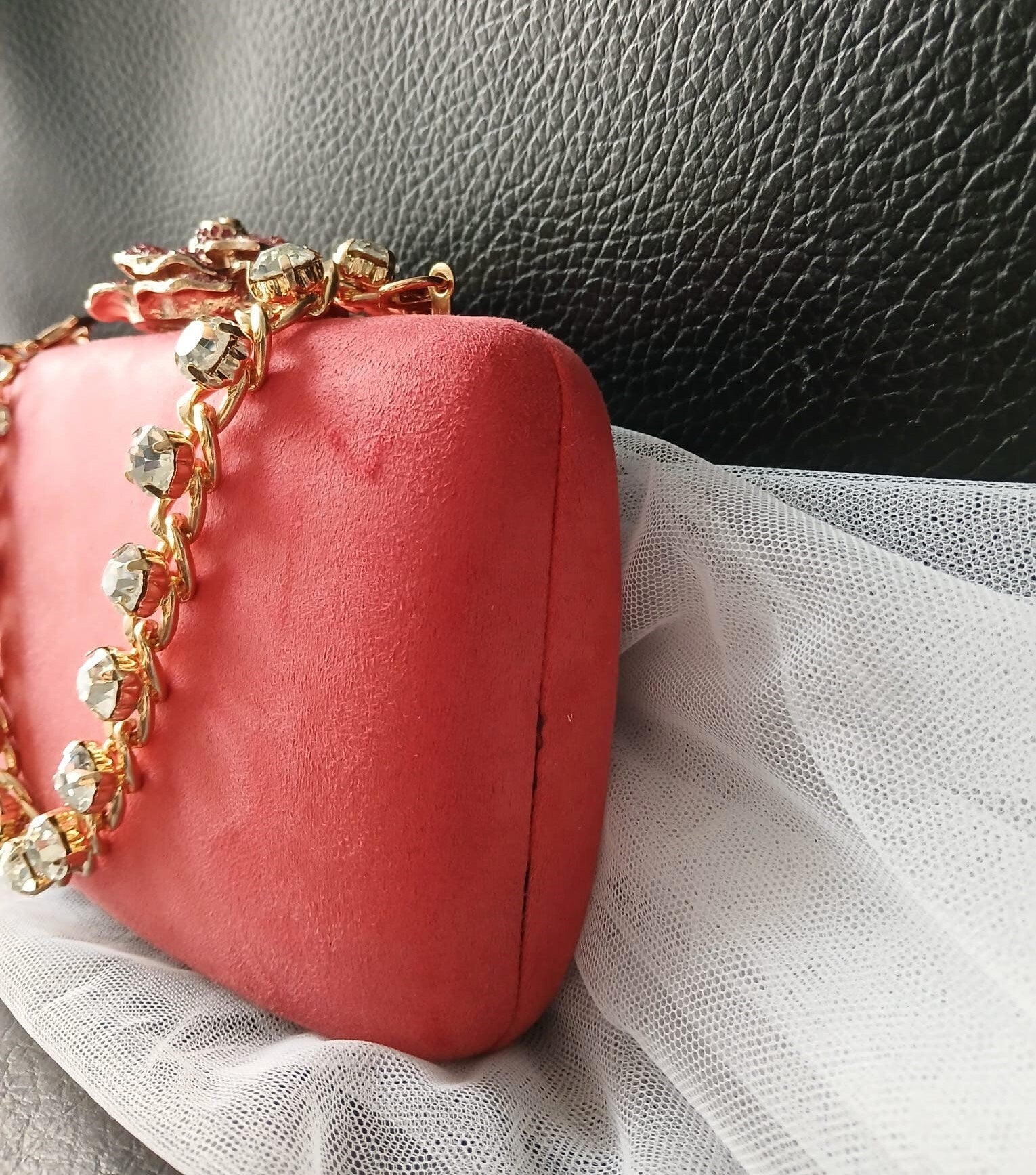 Coral Red Velvet Evening Clutch Bag: Crystal Handle, Flower Closure