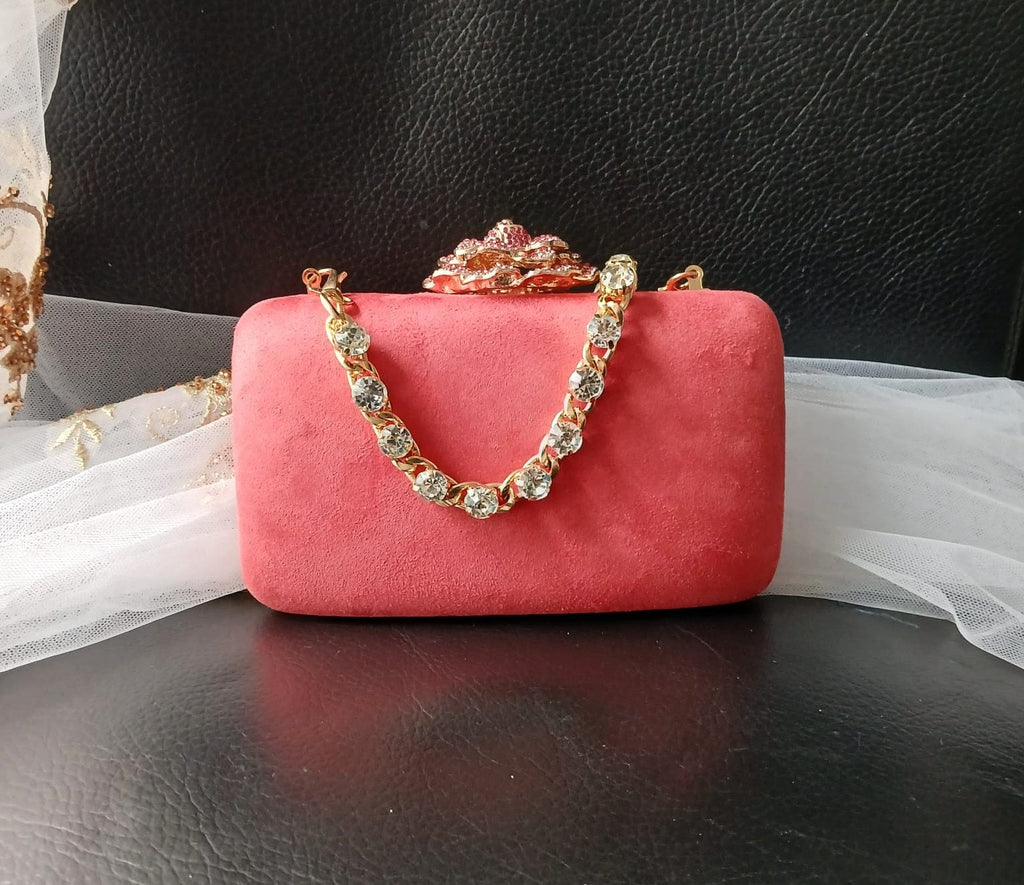 Coral Red Velvet Evening Clutch Bag: Crystal Handle, Flower Closure