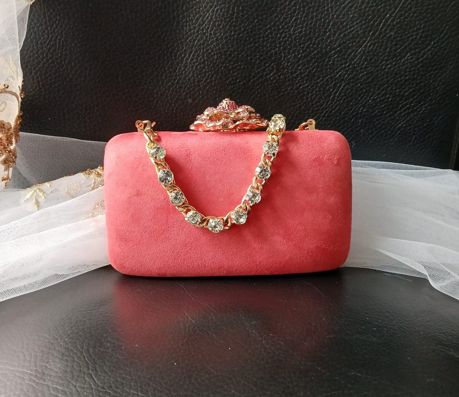 Coral Red Velvet Evening Clutch Bag: Crystal Handle, Flower Closure