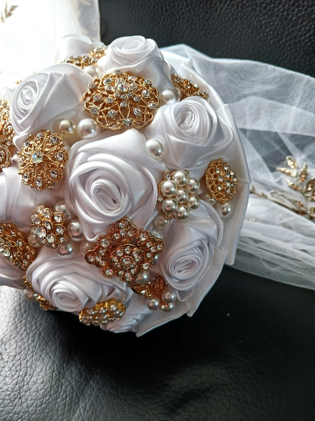 Handmade White Satin Rose Brooch Bouquet: Pearl Bling Wedding Bouquet