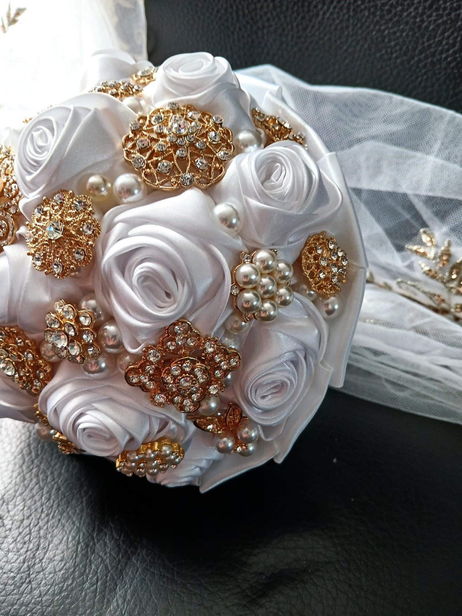 Handmade White Satin Rose Brooch Bouquet: Pearl Bling Wedding Bouquet