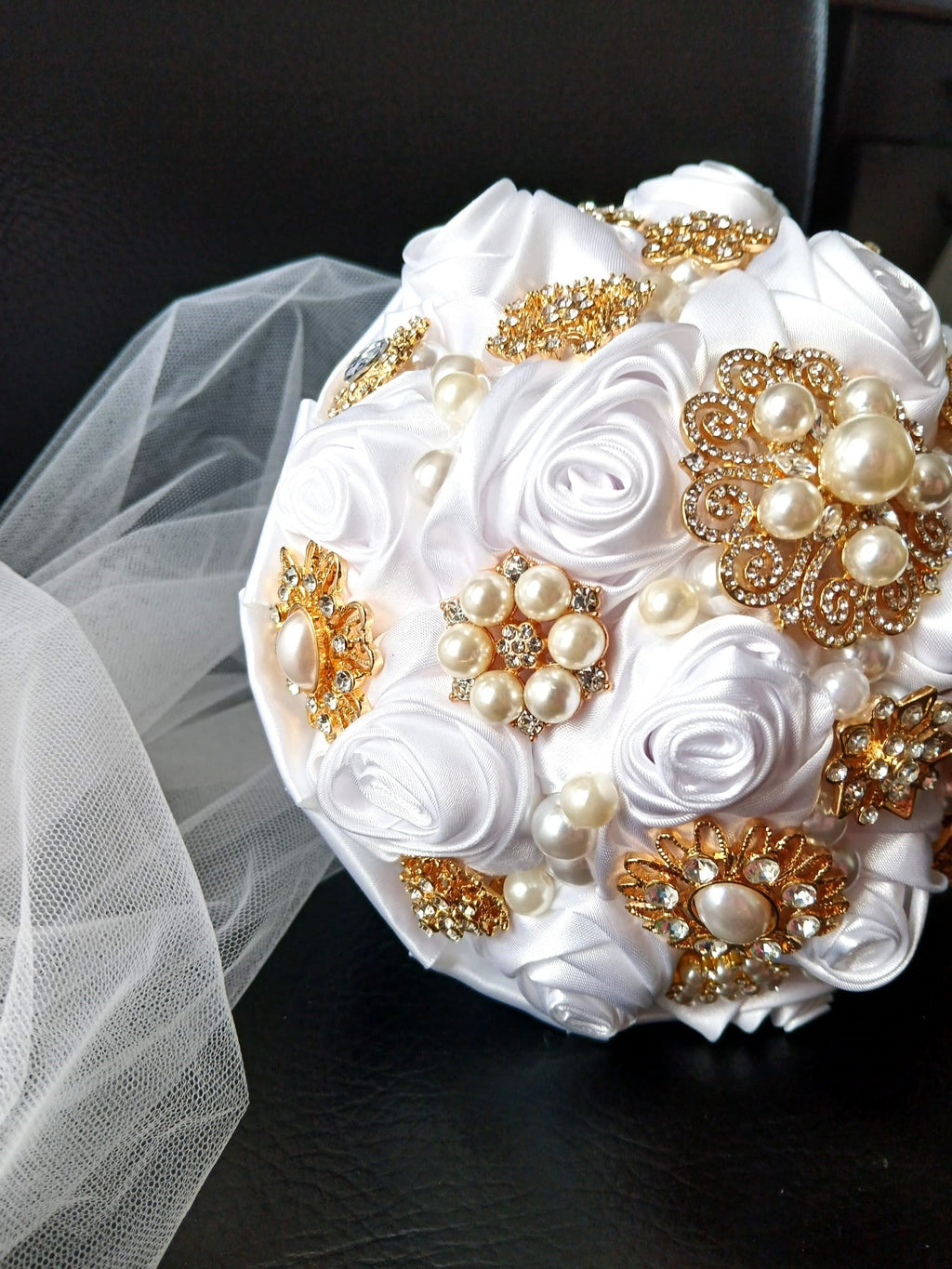 Handmade White Satin Rose Brooch Bouquet: Pearl Bling Wedding Bouquet