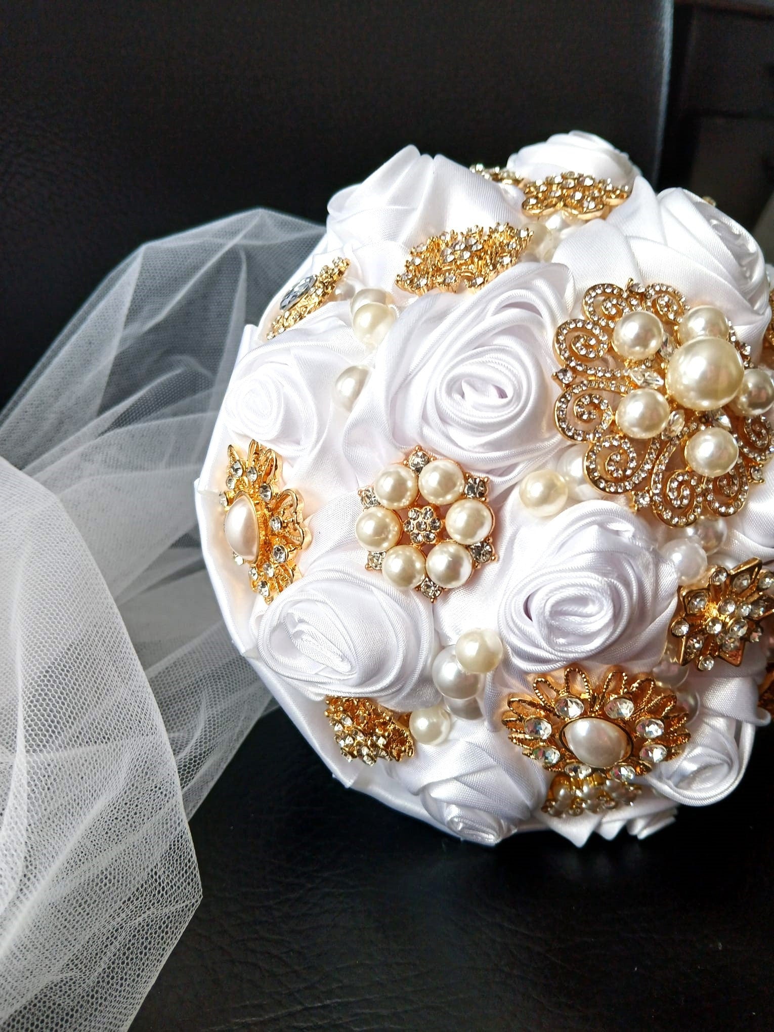 Handmade White Satin Rose Brooch Bouquet: Pearl Bling Wedding Bouquet