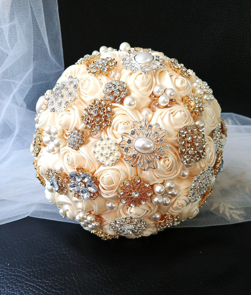 Ivory Satin Rose Brooch Wedding Bouquet: Handmade Bridal Keepsake
