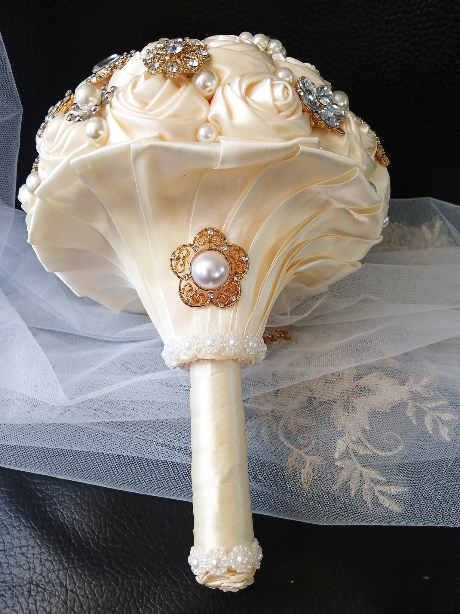 Ivory Satin Rose Brooch Wedding Bouquet: Handmade Bridal Keepsake