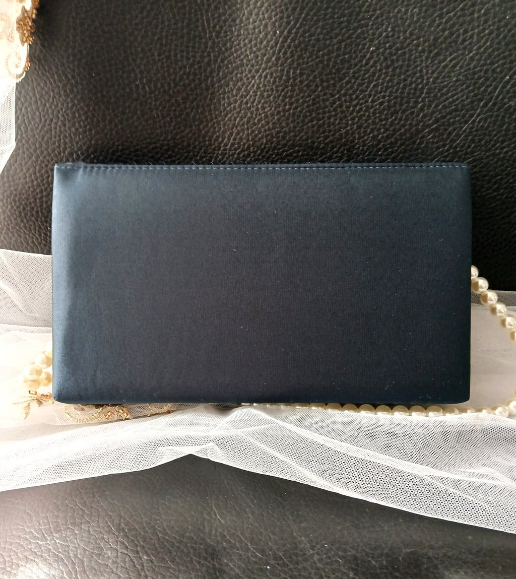 Personalized Navy Blue Satin Clutch: Pearl Handle Evening Bag
