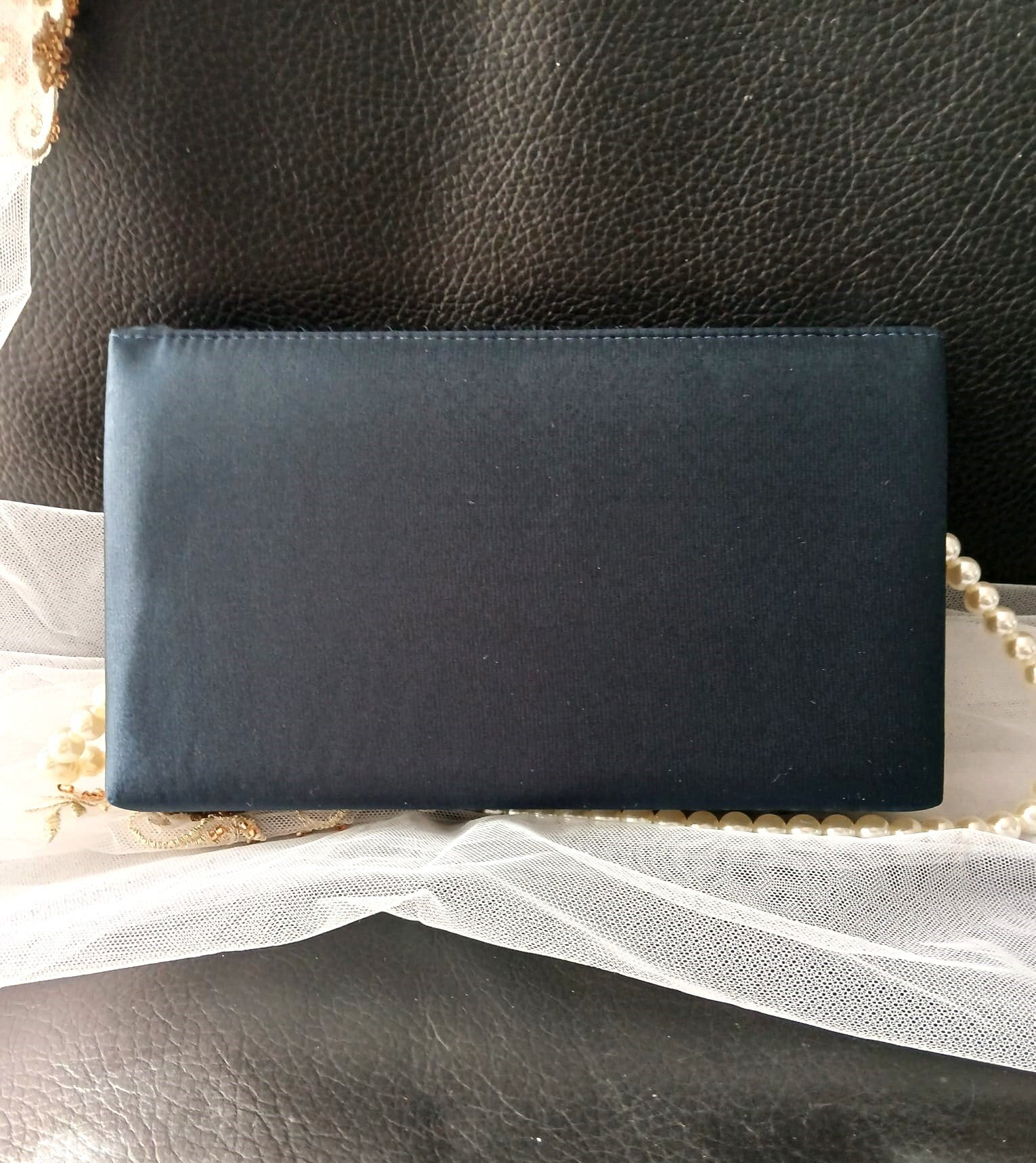 Personalized Navy Blue Satin Clutch: Pearl Handle Evening Bag
