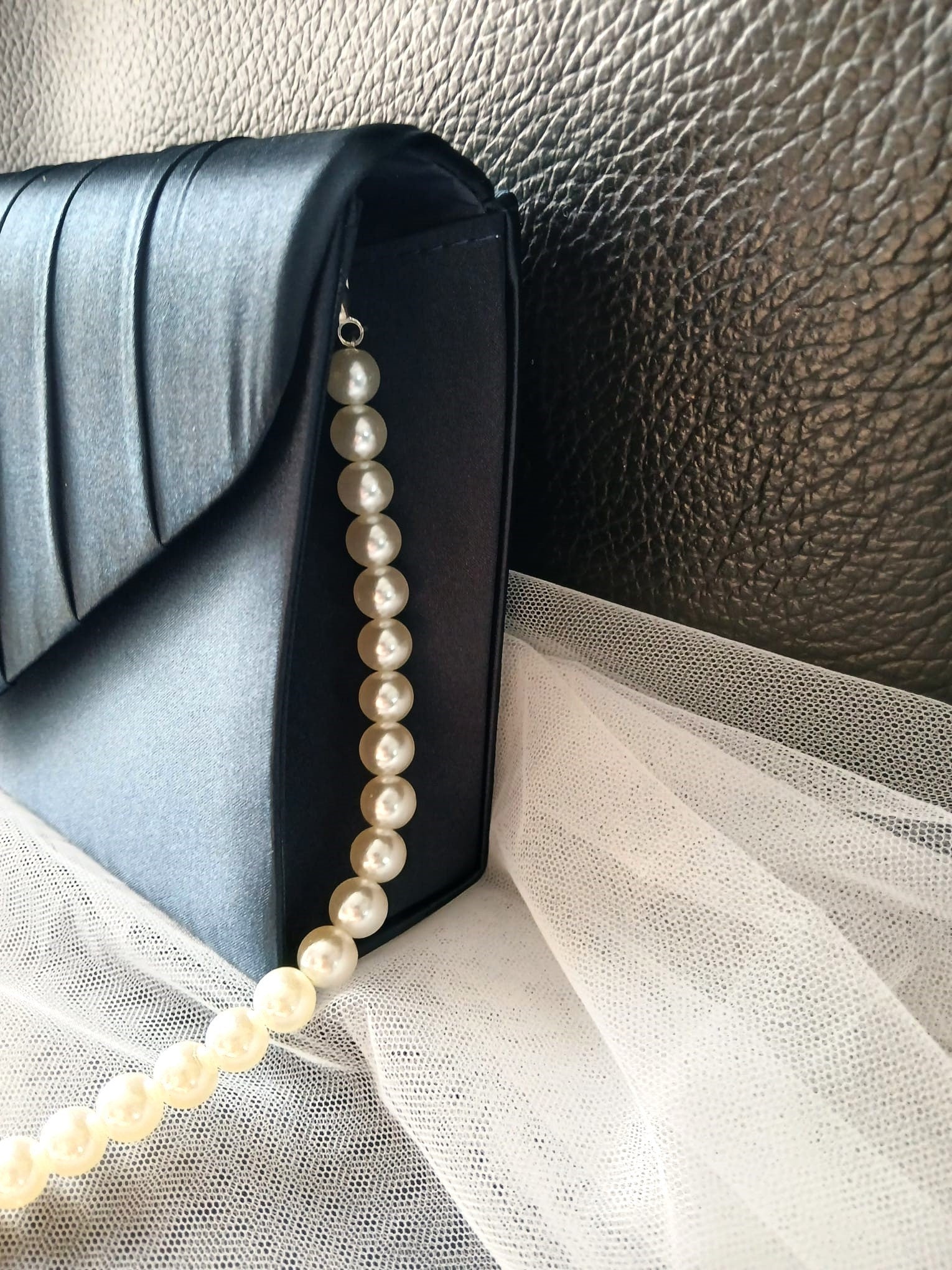 Personalized Navy Blue Satin Clutch: Pearl Handle Evening Bag