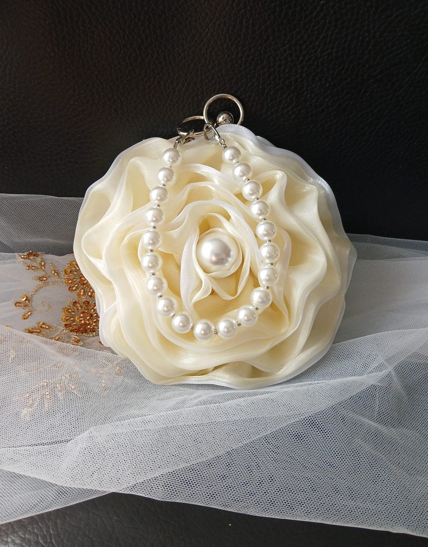 Ivory Organza Flower Clutch Bag: Pearl Handle Wedding Handbag