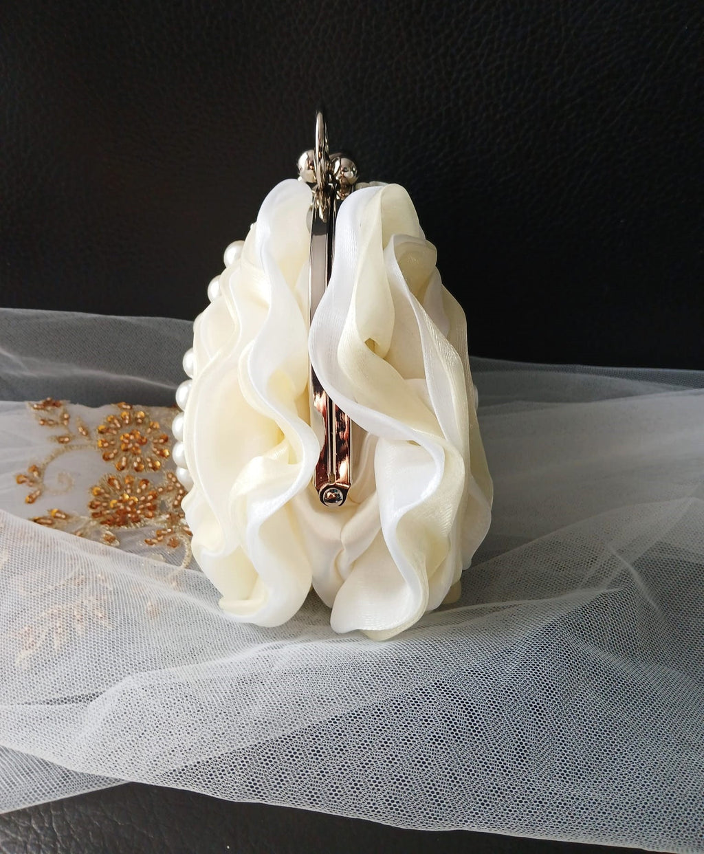 Ivory Organza Flower Clutch Bag: Pearl Handle Wedding Handbag