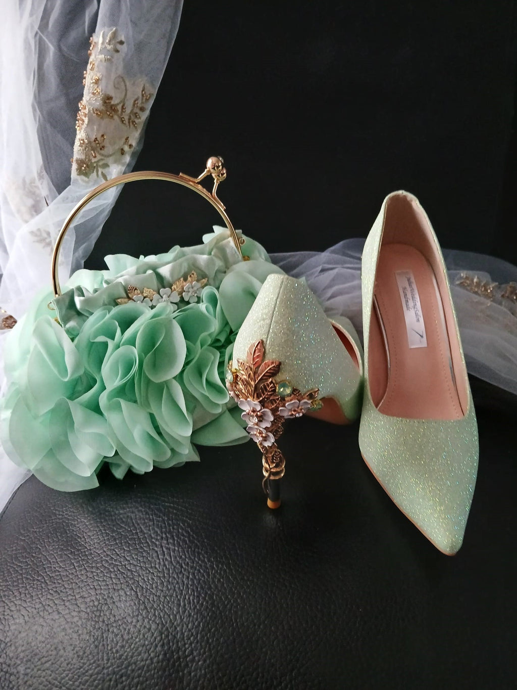 Sage Green Glitter Heels with Cherry Blossom Clutch Bag: Bridal Shoes