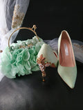 Sage Green Glitter Heels with Cherry Blossom Clutch Bag: Bridal Shoes