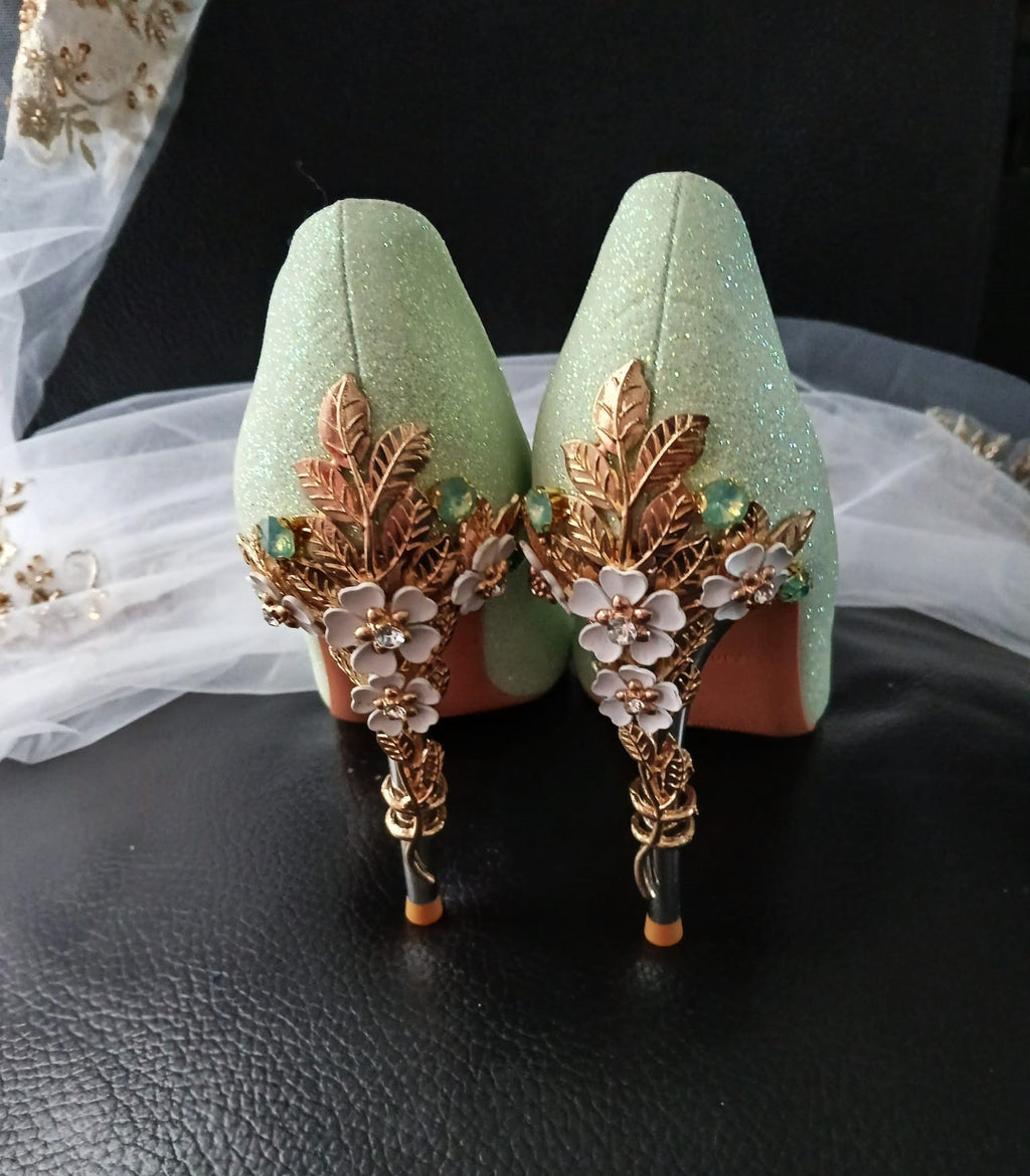Sage Green Glitter Heels with Cherry Blossom Clutch Bag: Bridal Shoes