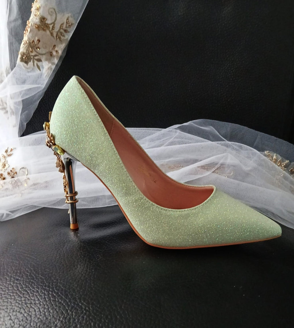 Sage Green Glitter Heels with Cherry Blossom Clutch Bag: Bridal Shoes