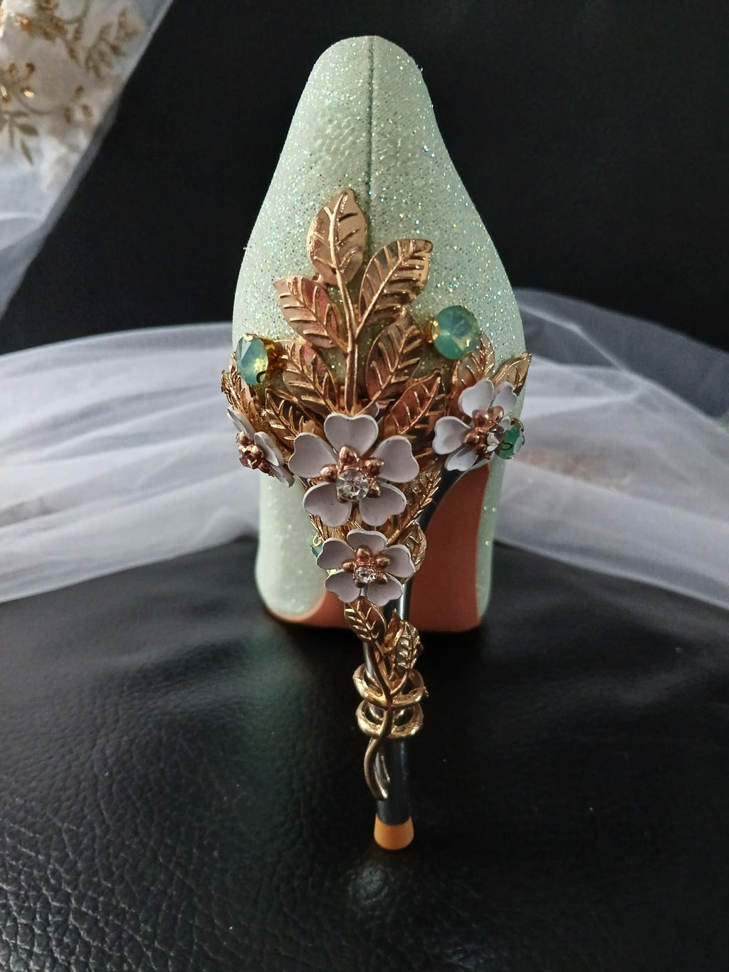 Sage Green Glitter Heels with Cherry Blossom Clutch Bag: Bridal Shoes
