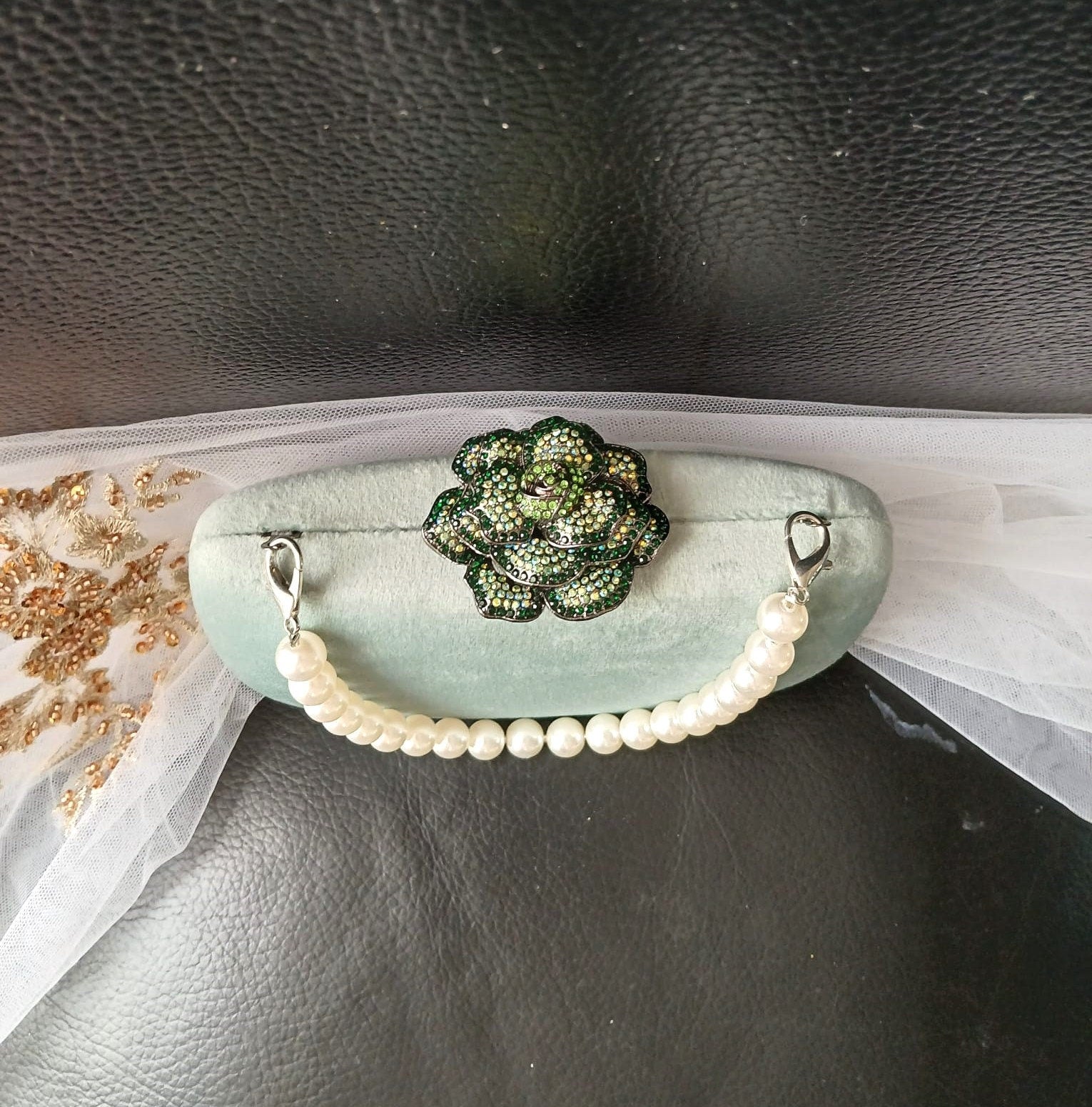 Sage Green Velvet Clutch Bag: Pearl Handle, Flower Closure, Wedding Handbag