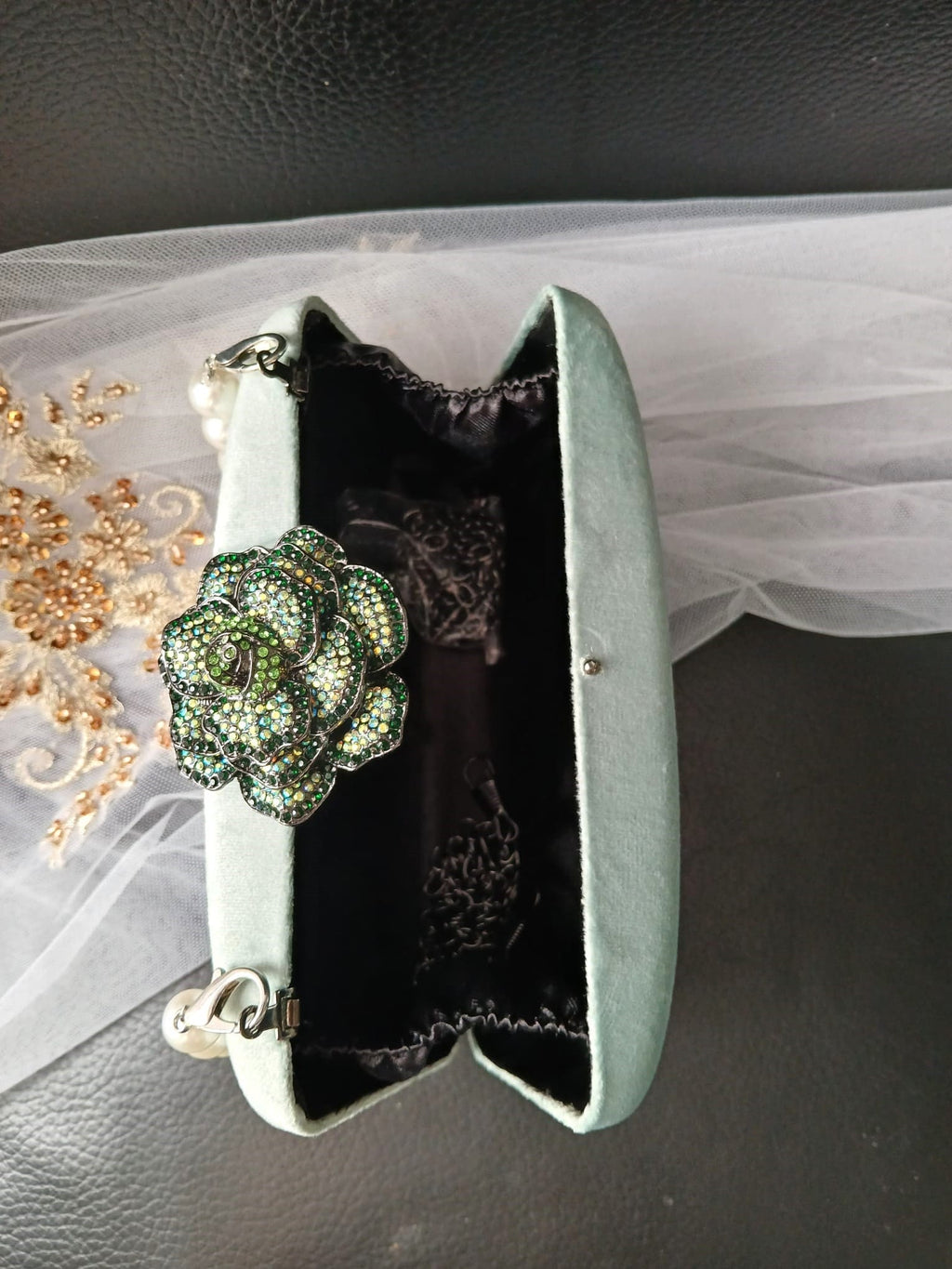 Sage Green Velvet Clutch Bag: Pearl Handle, Flower Closure, Wedding Handbag