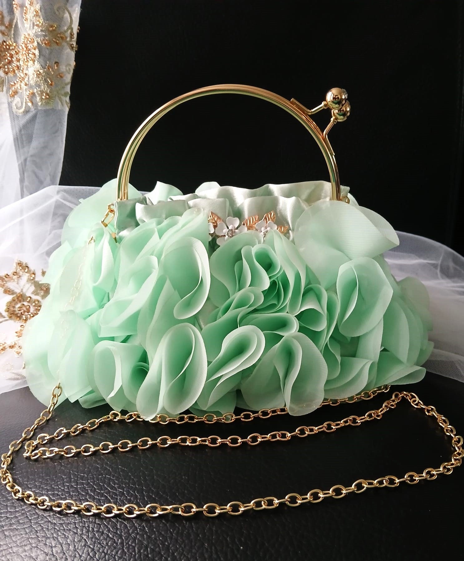 Sage Green Chiffon Flower Clutch Bag: Wedding Evening Bag with Gold Hardware