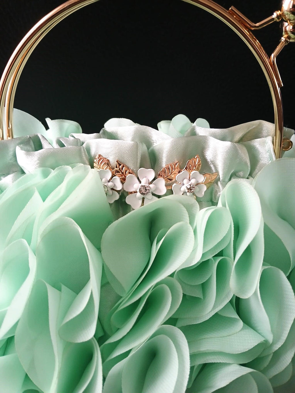 Sage Green Chiffon Flower Clutch Bag: Wedding Evening Bag with Gold Hardware