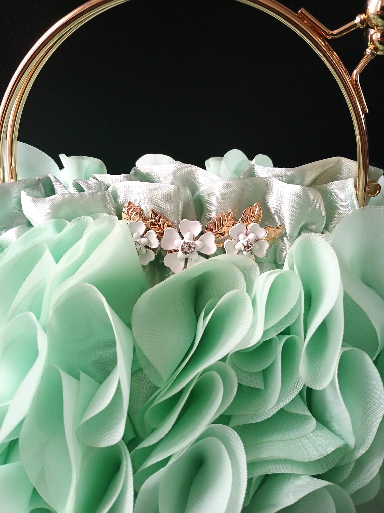 Sage Green Chiffon Flower Clutch Bag: Wedding Evening Bag with Gold Hardware