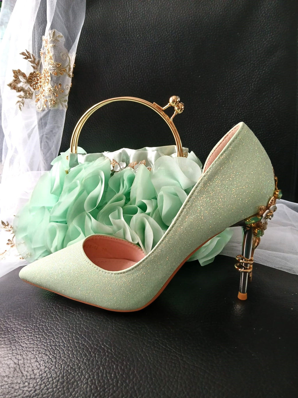 Sage Green Glitter Bridal Shoes & Chiffon Flower Clutch Set
