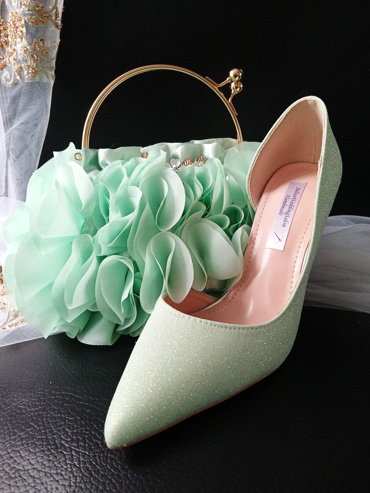 Sage Green Glitter Bridal Shoes & Chiffon Flower Clutch Set