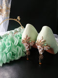 Sage Green Glitter Bridal Shoes & Chiffon Flower Clutch Set