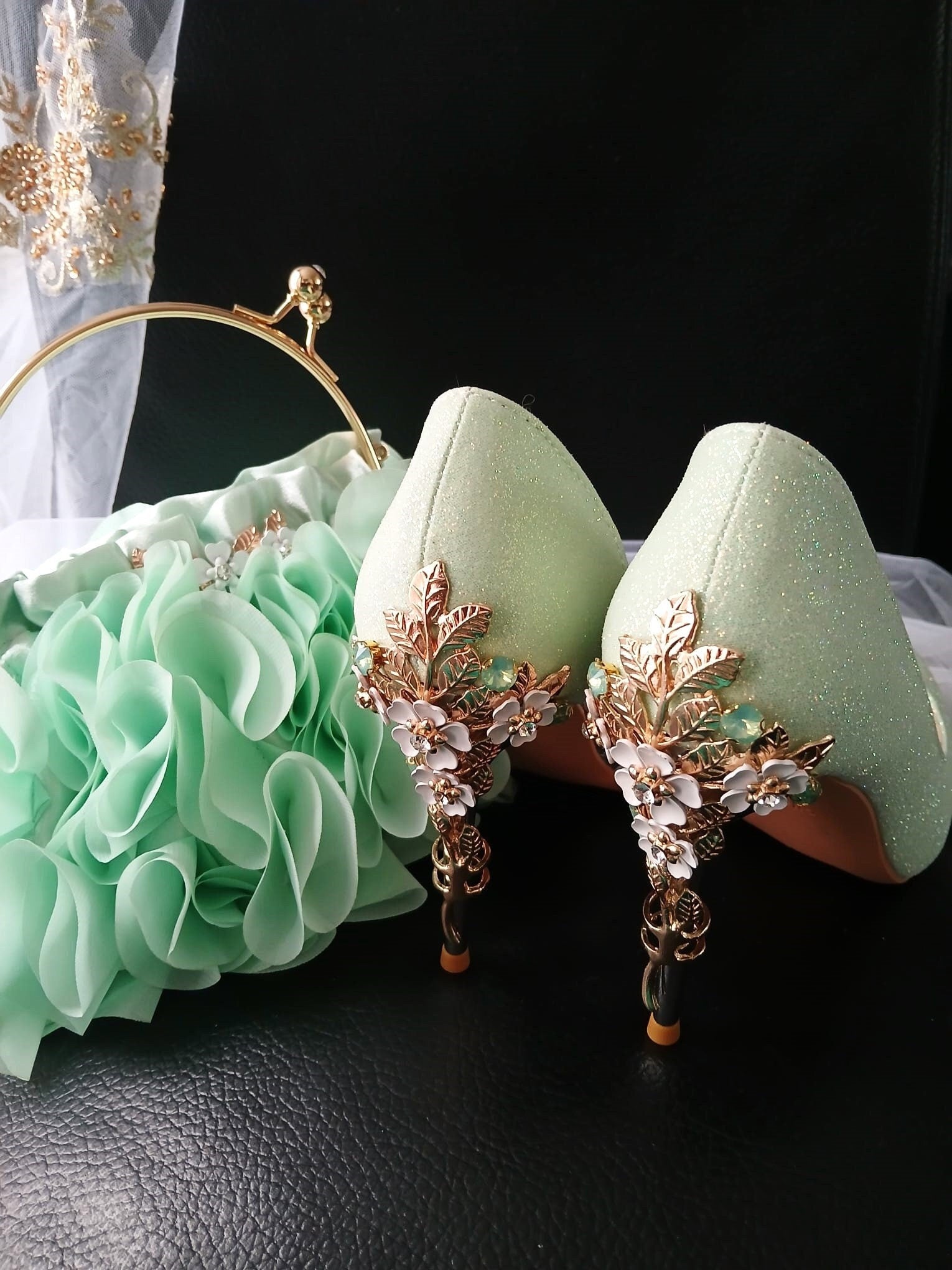 Sage Green Glitter Bridal Shoes & Chiffon Flower Clutch Set