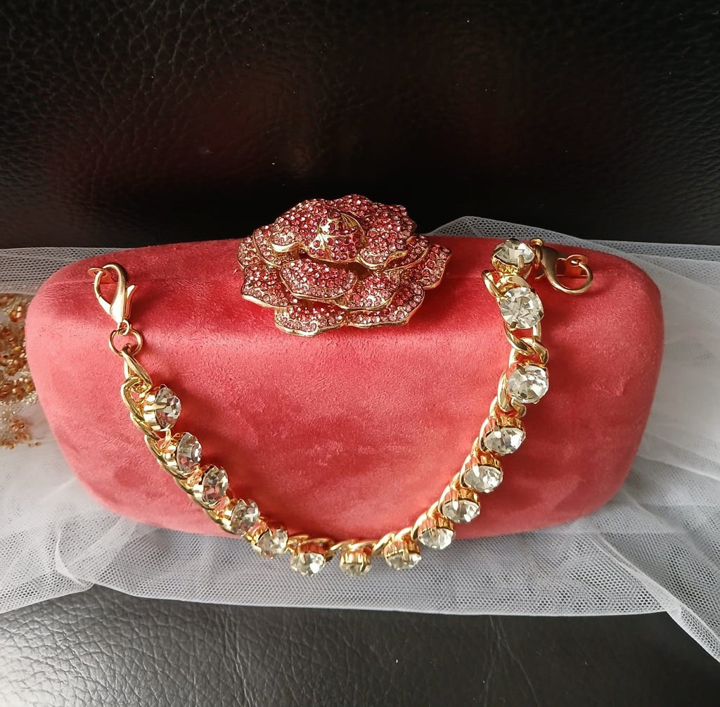 Coral Red Velvet Evening Clutch Bag: Crystal Handle, Flower Closure