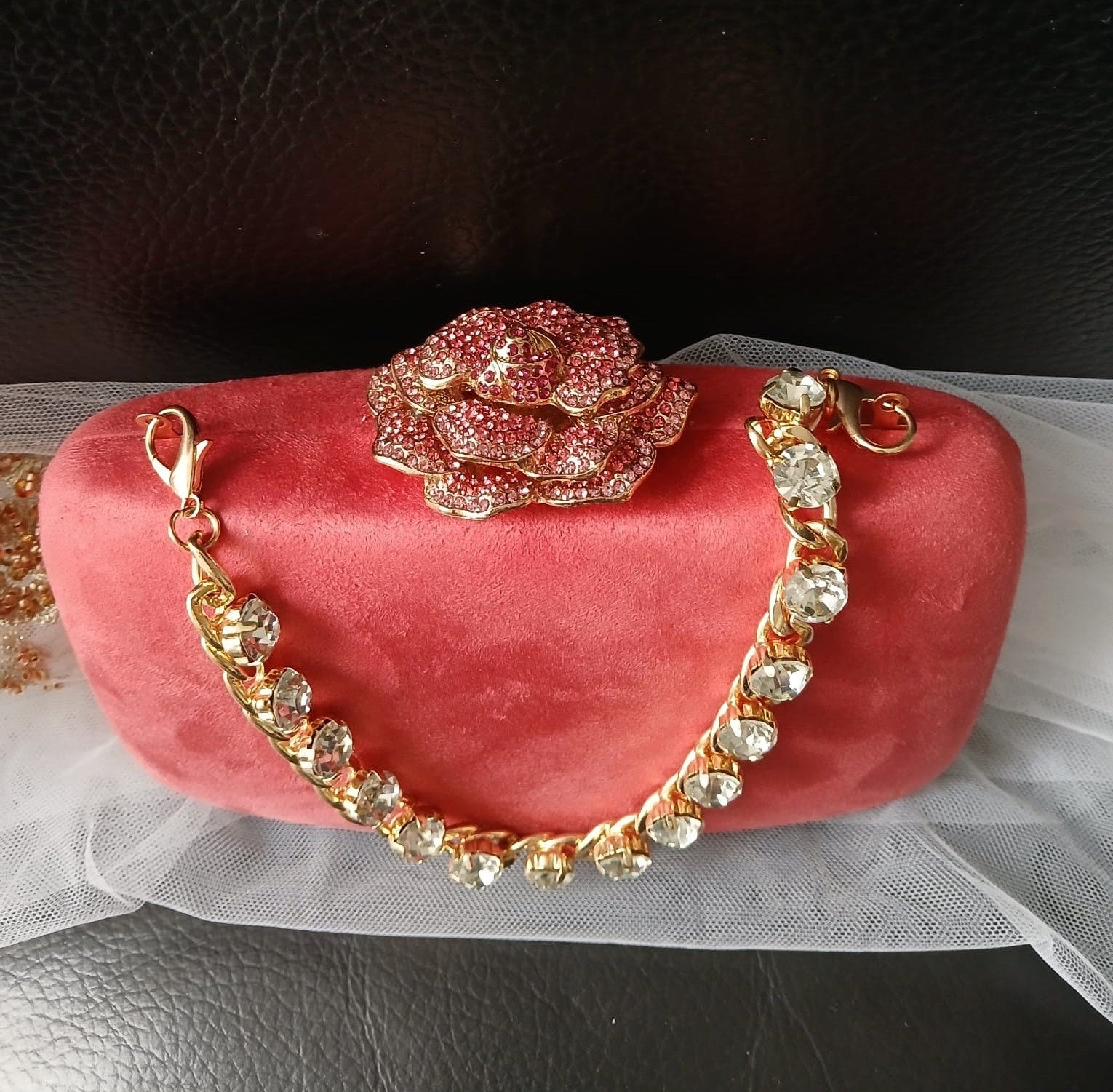 Coral Red Velvet Evening Clutch Bag: Crystal Handle, Flower Closure