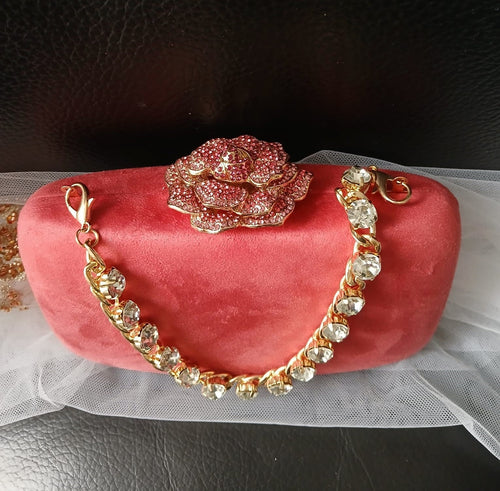 Coral Red Velvet Evening Clutch Bag: Crystal Handle, Flower Closure