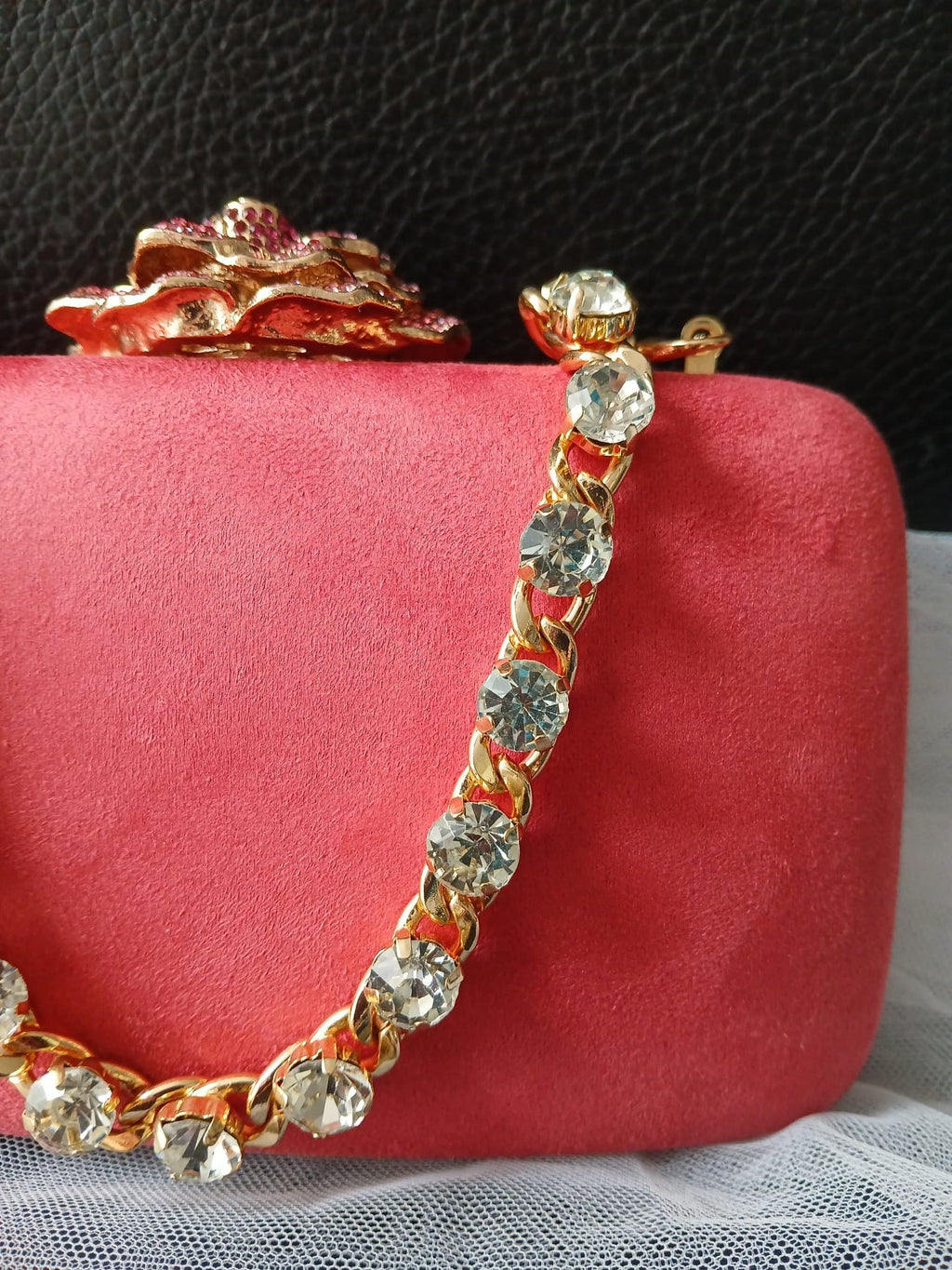 Coral Red Velvet Evening Clutch Bag: Crystal Handle, Flower Closure