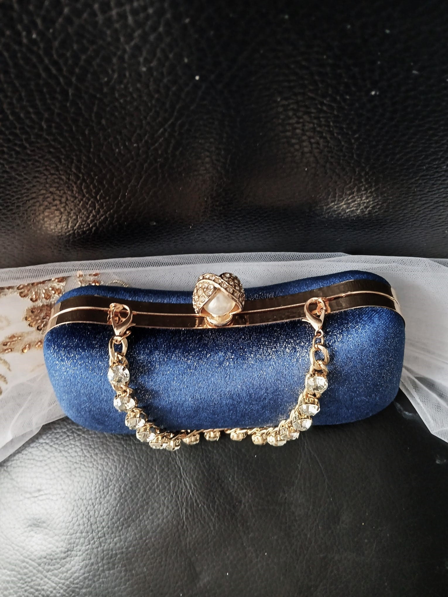 Personalized Navy Blue Velvet Clutch Bag: Evening Purse With Gold Harware